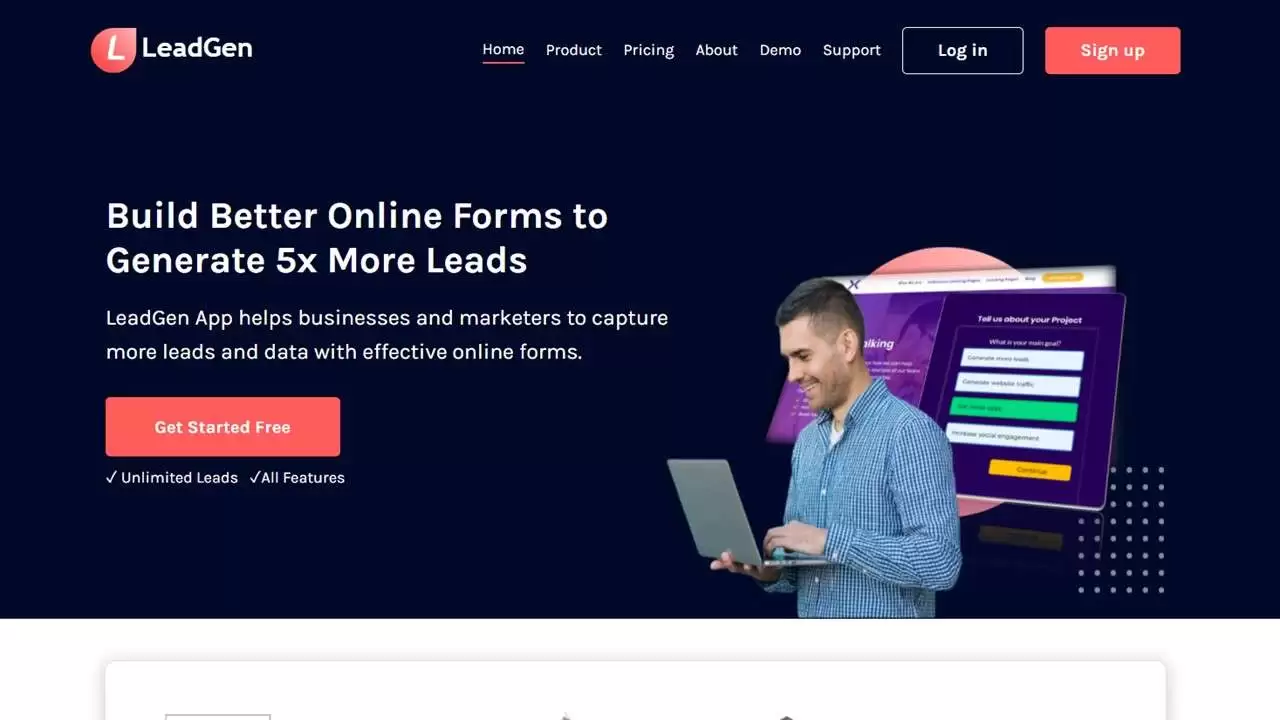 Homepage example of leadgenapp.io, a B2B lead capture website