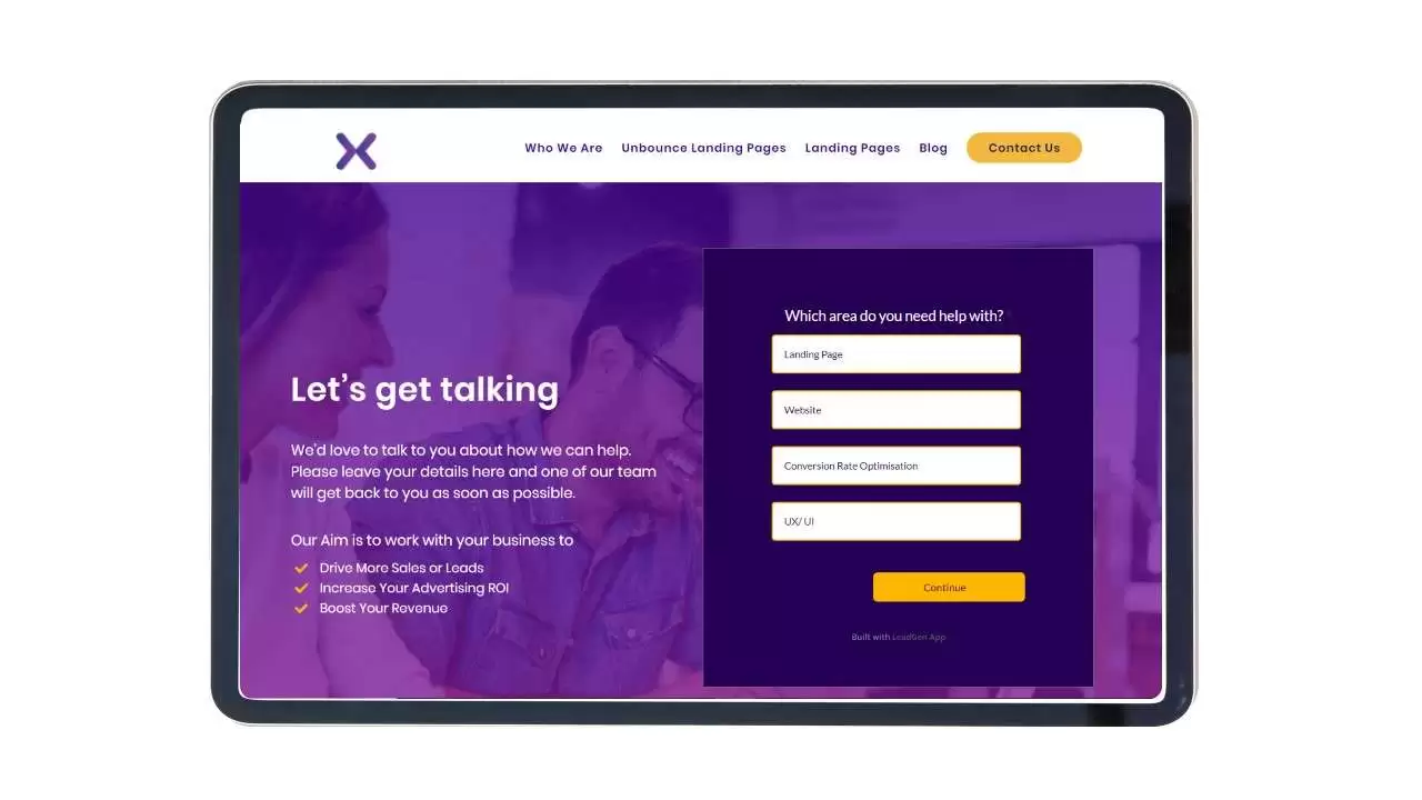Multi step lead form embedded into contact page for website lead generation