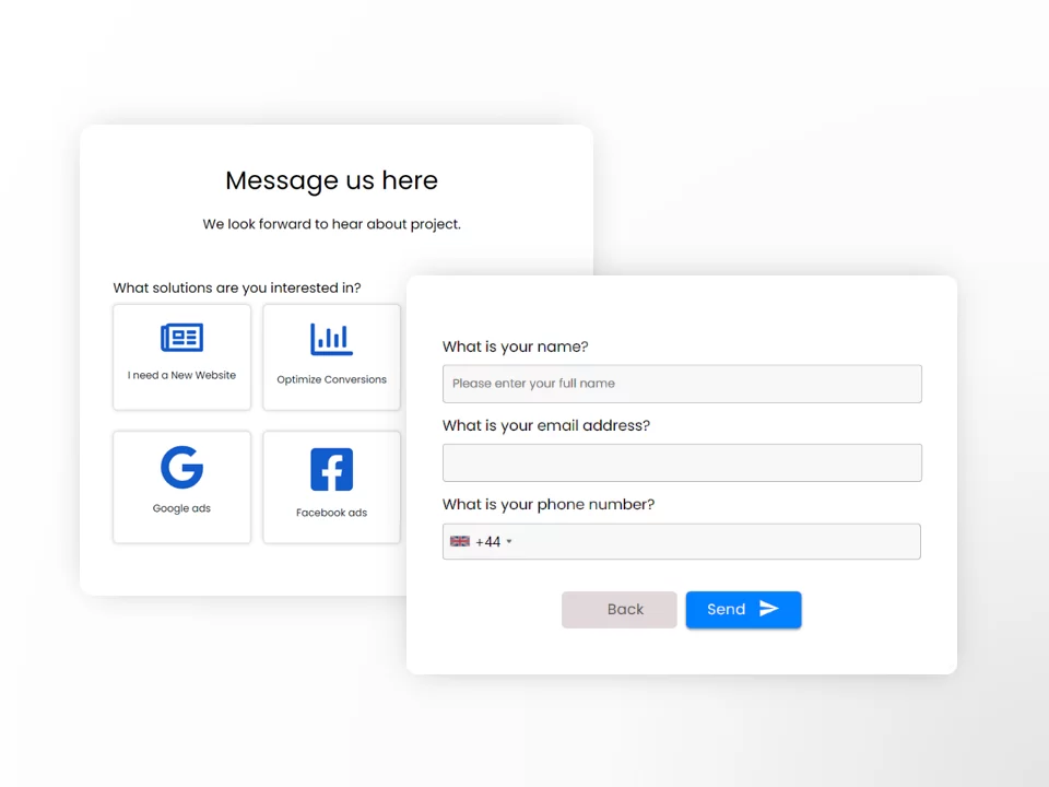 Multi step contact form design with icon buttons