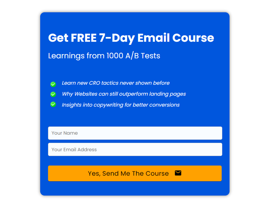 Email course form to capture B2B sales leads in blog content marketing