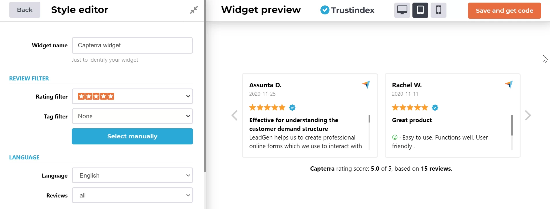 Trustindex set-up page to create review widgets of your software rating for websites