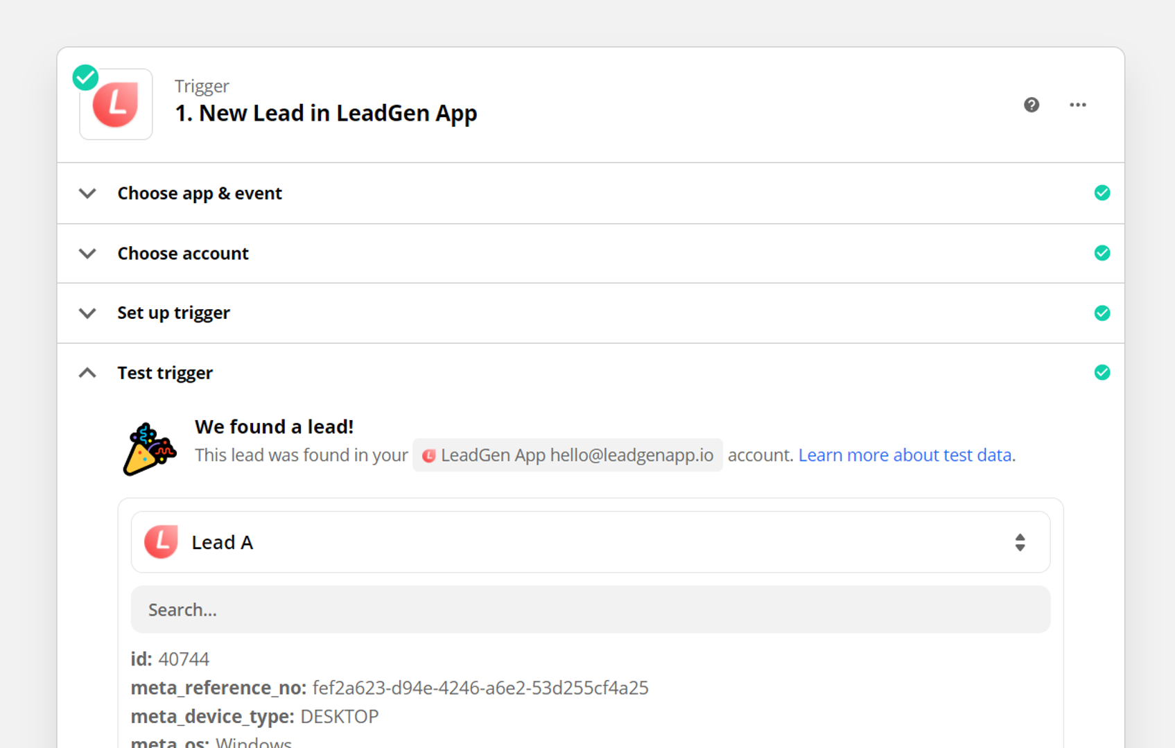 Novo lead encontrado na conexão LeadGen App Zapier