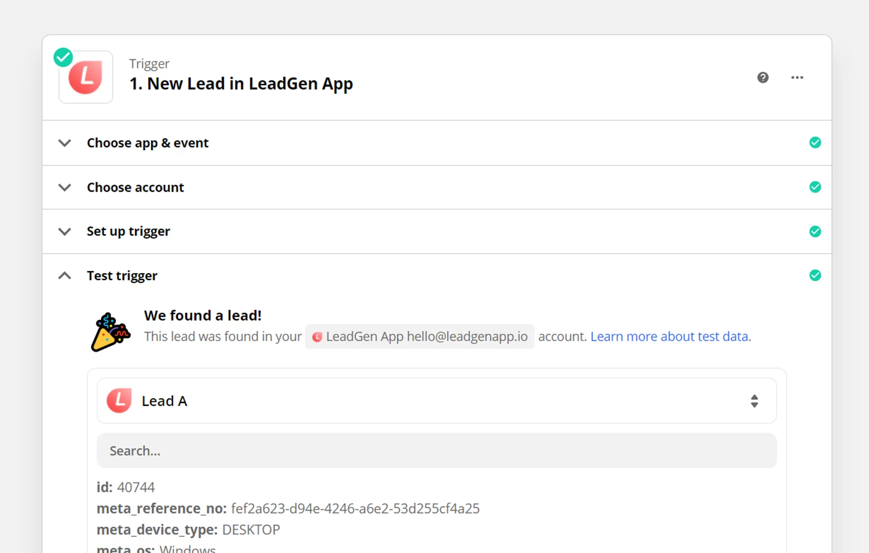 New lead found in LeadGen App Zapier connection New lead found in LeadGen App Zapier connection