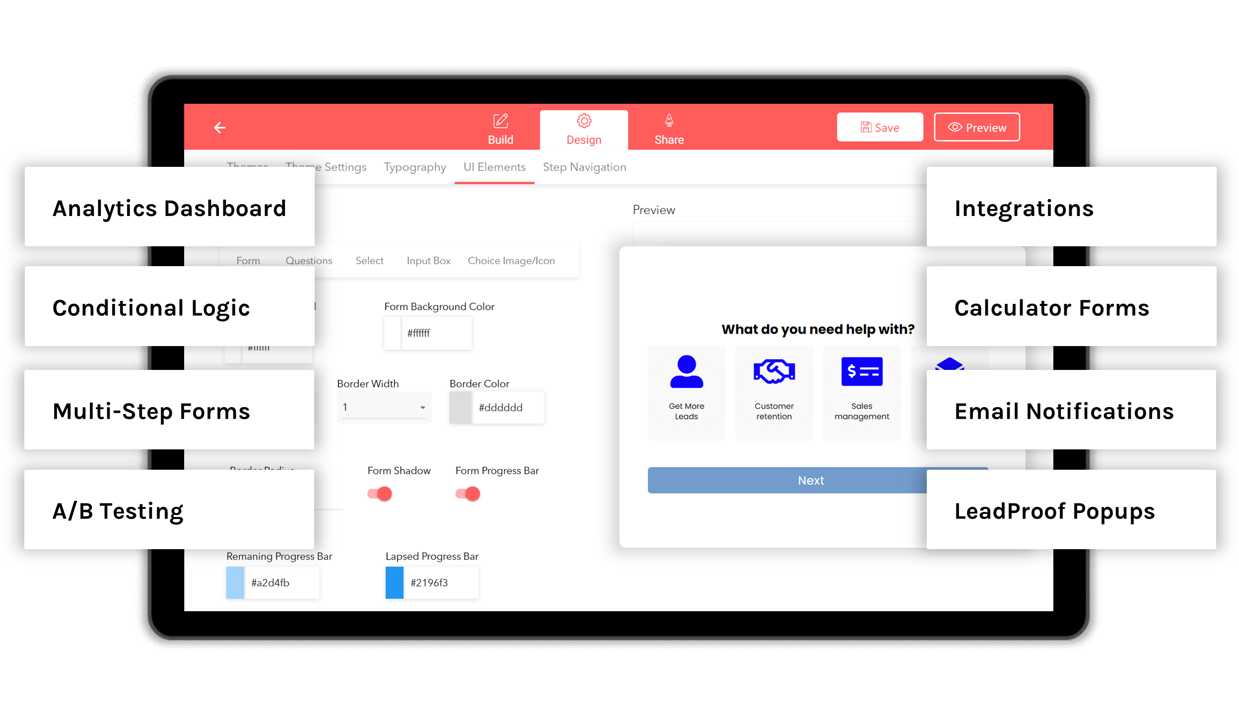 Form builder dashboard, showcasing LeadGen App features Form builder dashboard, showcasing LeadGen App features