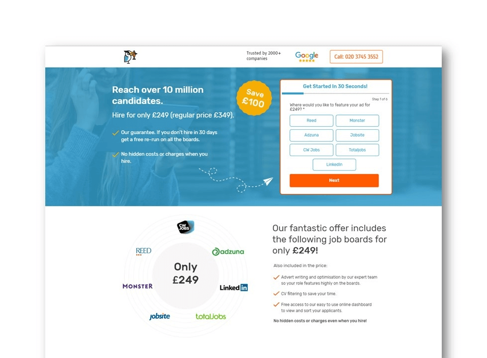 Landing page example for recruiting - Simple page with no menu items