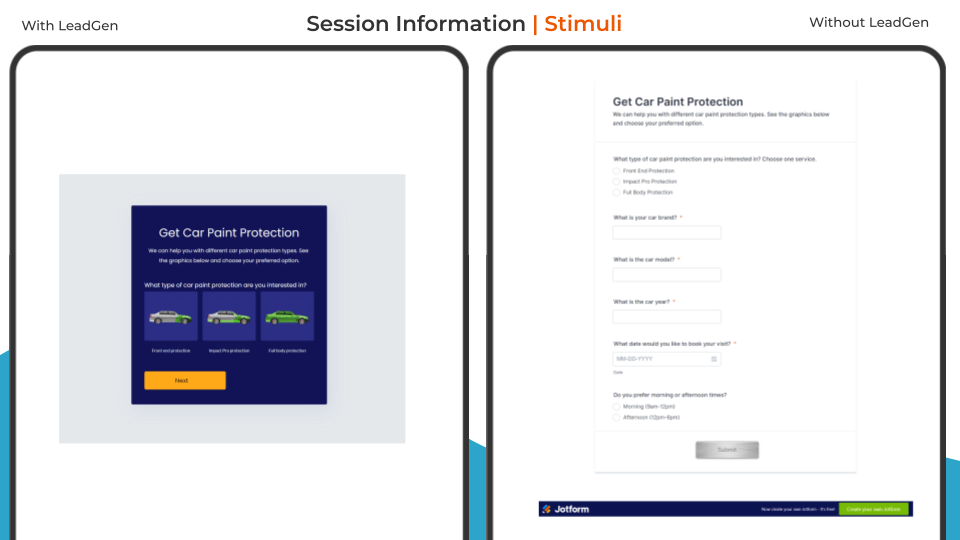 Session information of 2 forms in UX experiment - LeadGen App form vs. Jotform