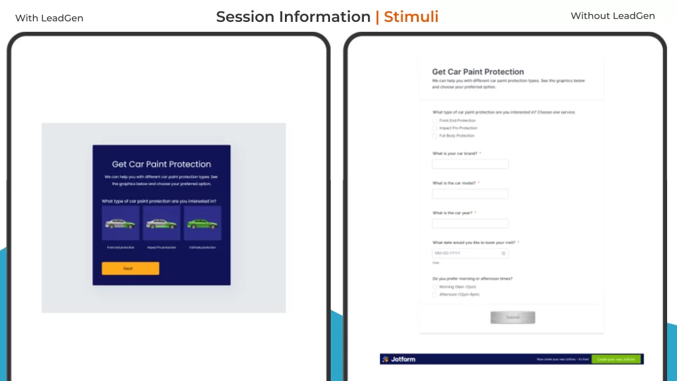 Session information of 2 forms in UX experiment - LeadGen App form vs. Jotform Session information of 2 forms in UX experiment - LeadGen App form vs. Jotform