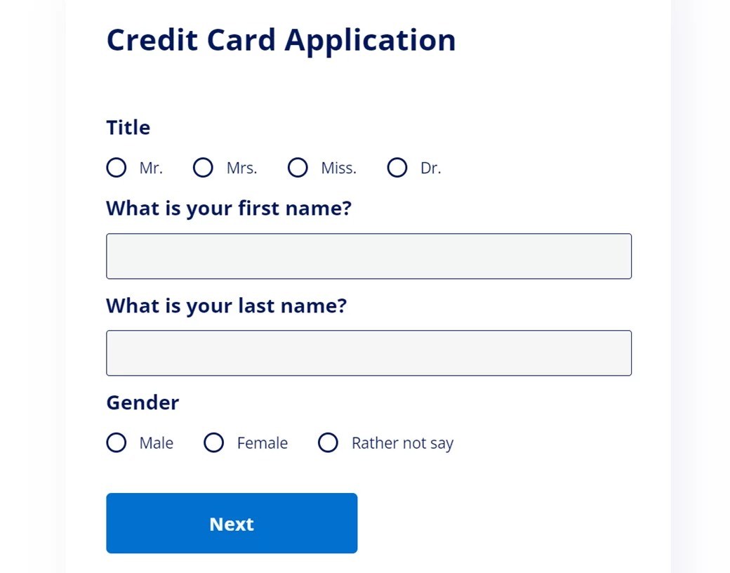 Credit card application form