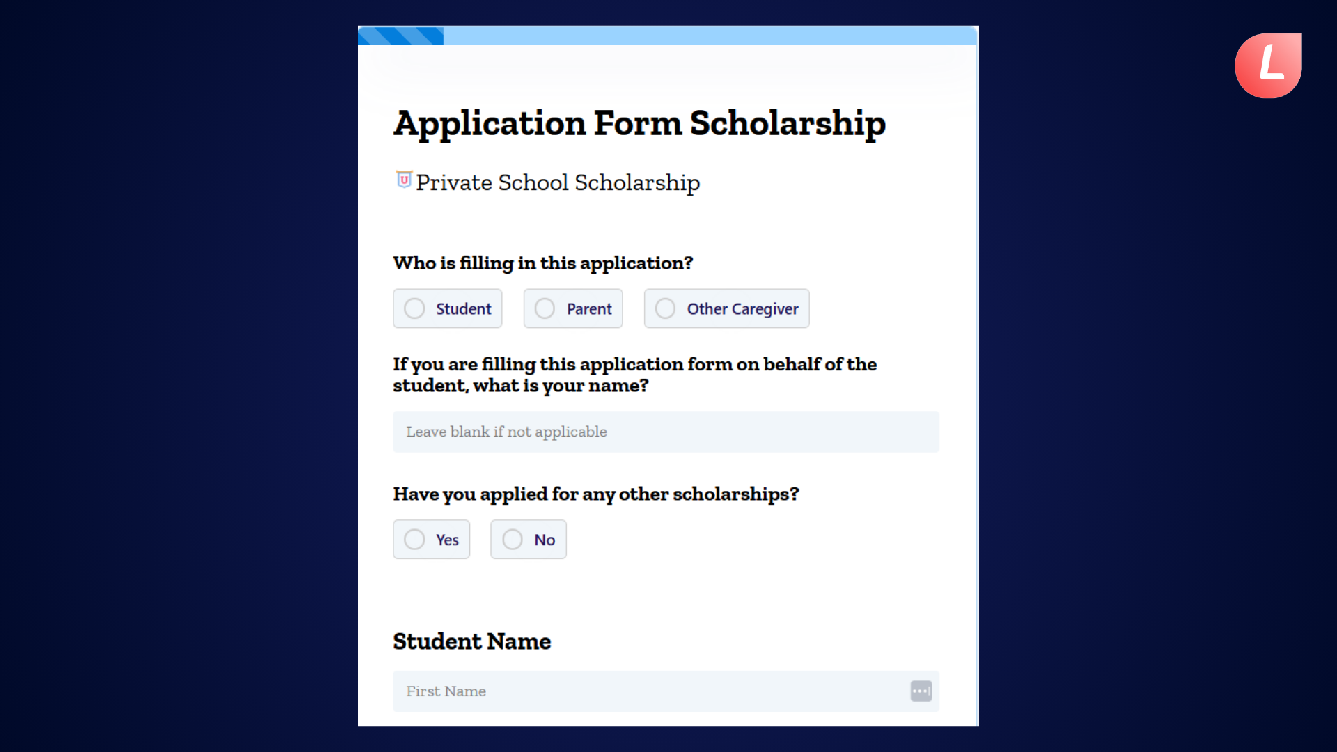 Private high school scholarship application form template