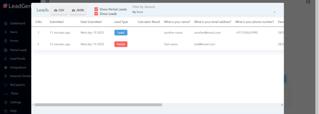 Partial leads analytics in LeadGen App