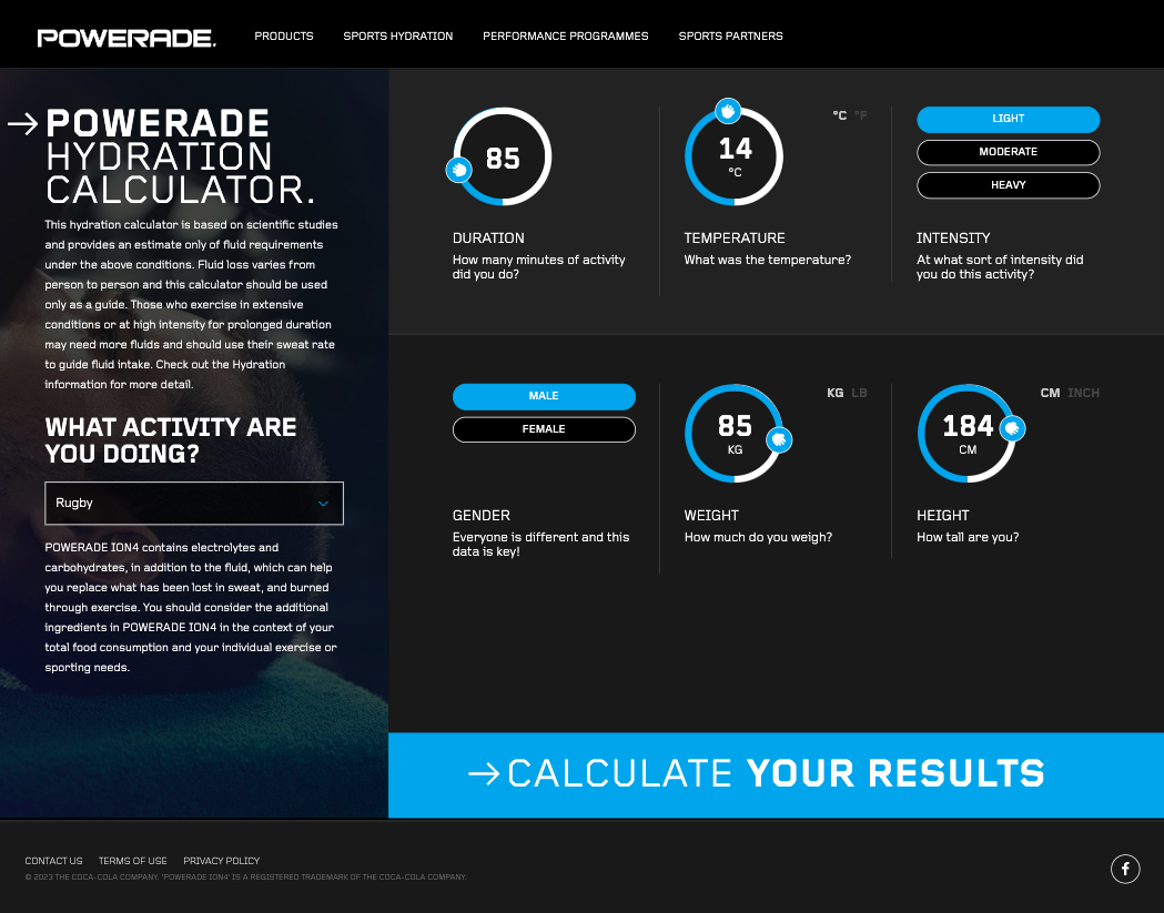 Powerade Hydration Calculator