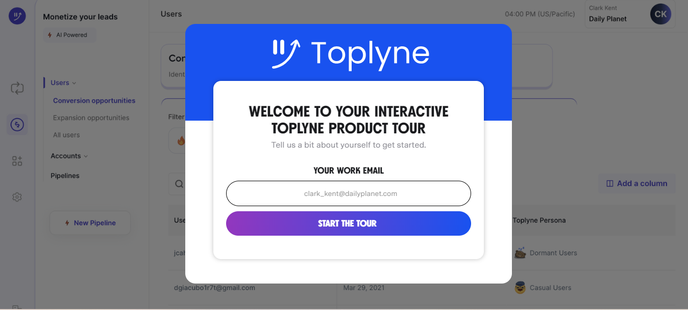 The product tour embedded by Toplyne on its website.