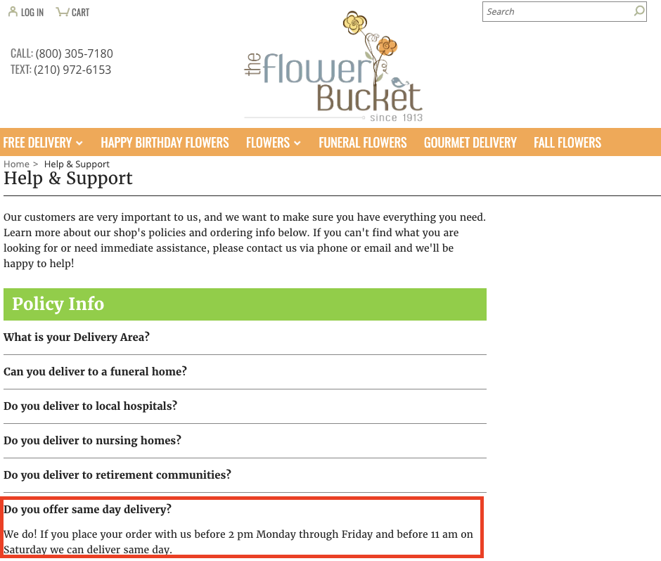 Flower delivery FAQ page.