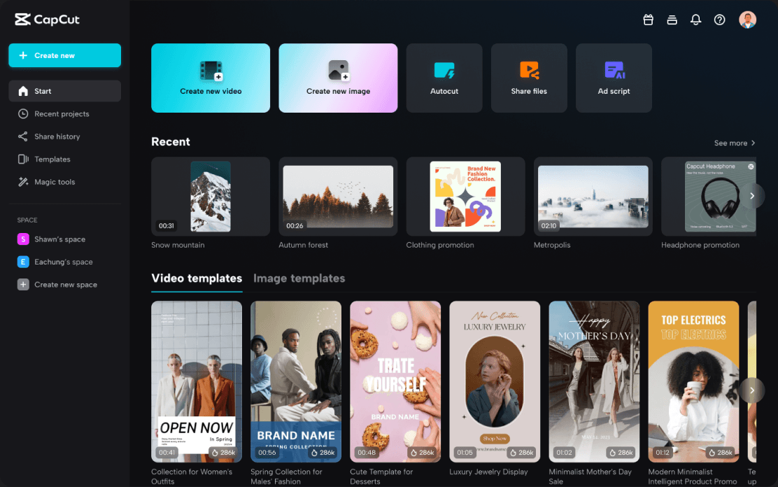 CapCut creative suite for video editing, graphic design, and more