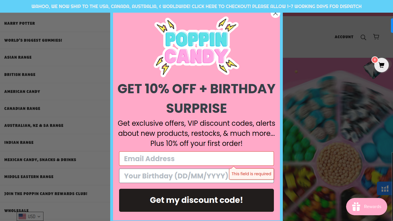 Screenshot of a discount code offered by e-commerce site, Poppin Candy