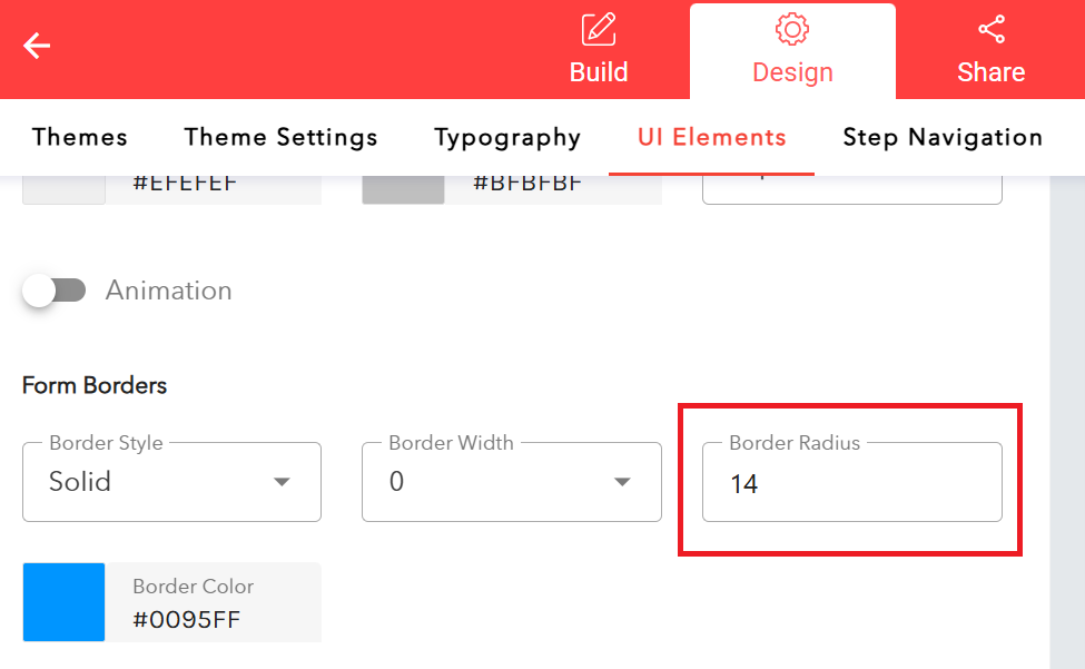 You can find the border-radius options provided in the Design section under UI Elements