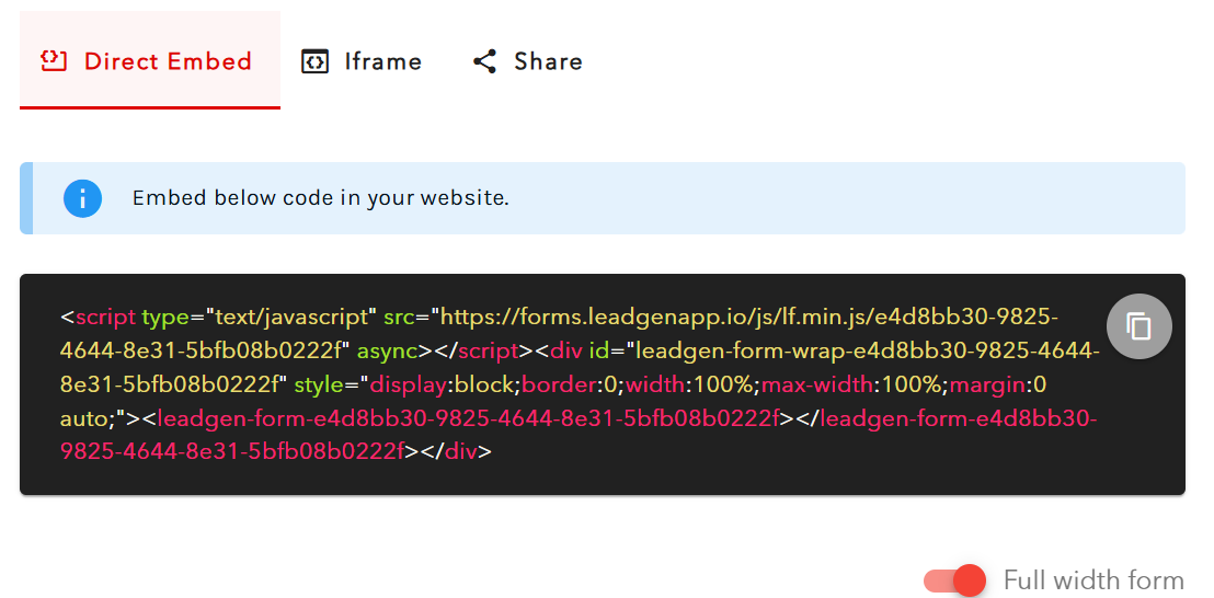 script for embedding the form