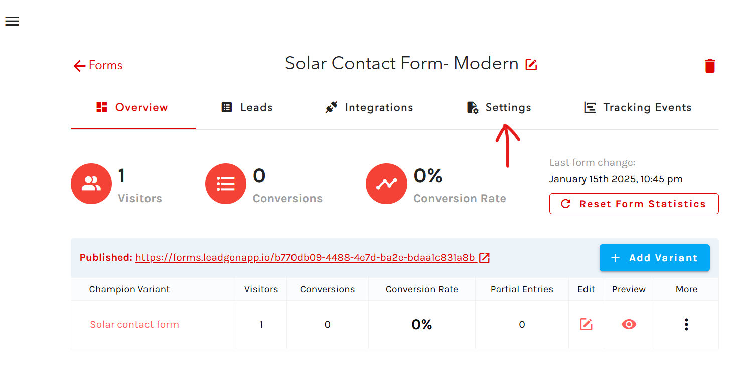 Form Settings page