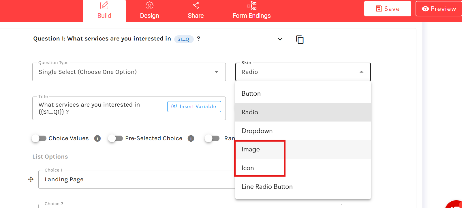 Under the “Skin” dropdown, you have multiple options and can choose “Image” or “Icon”