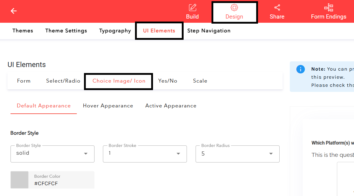  To change settings, go to Design, UI elements, Choice Image/Icon.