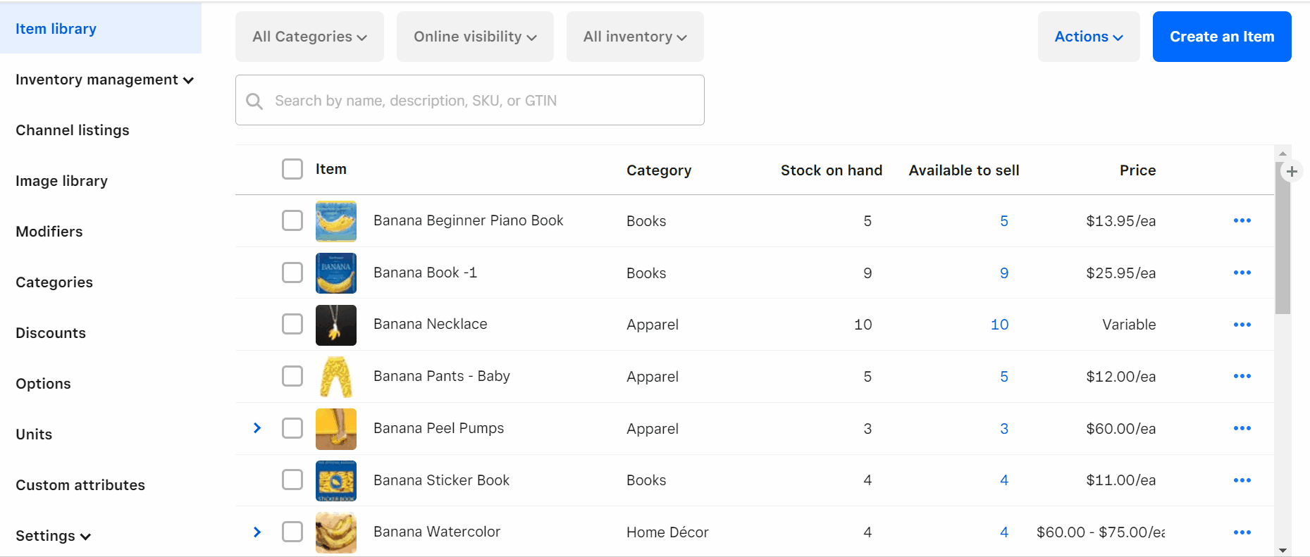 Dashboard of Square inventory software management tool