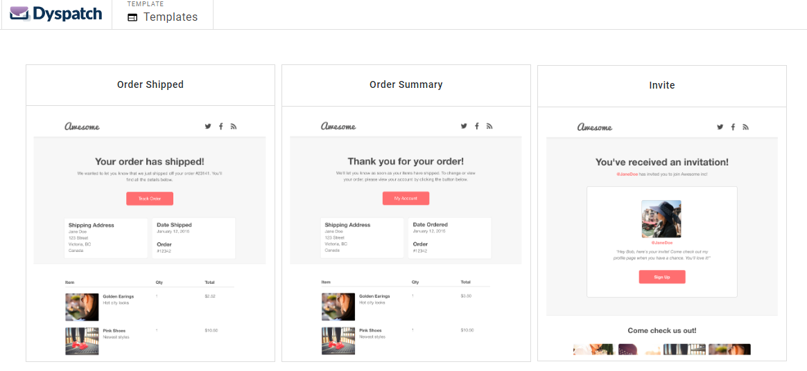 Dyspatch email template order shipped, summary