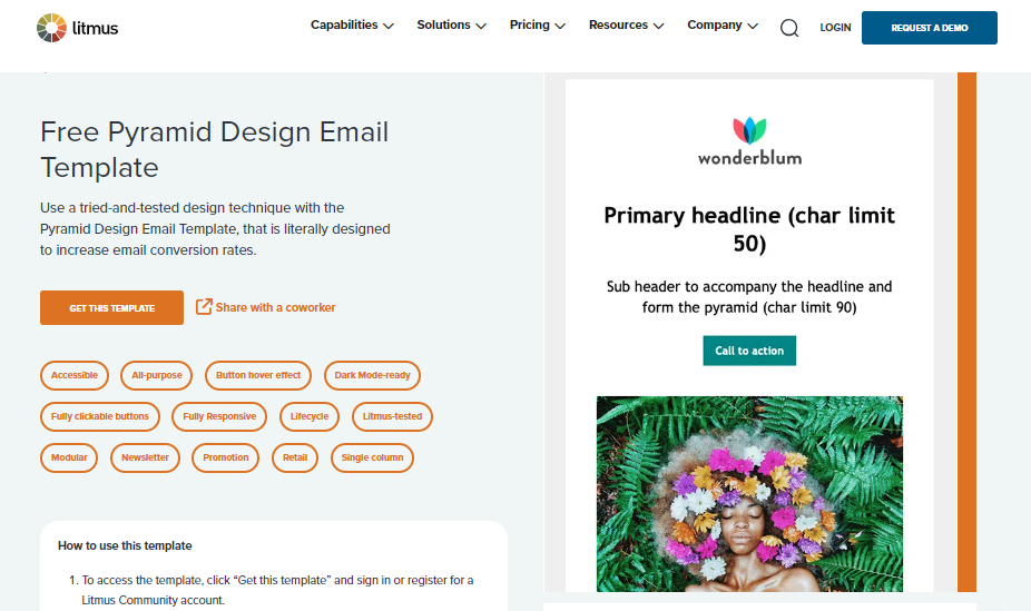 Pyramid design email template directs attention to your call-to-action button