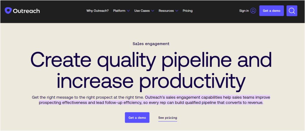 Sales Engagement by Outreach for prospecting, communication, and follow-up efforts.