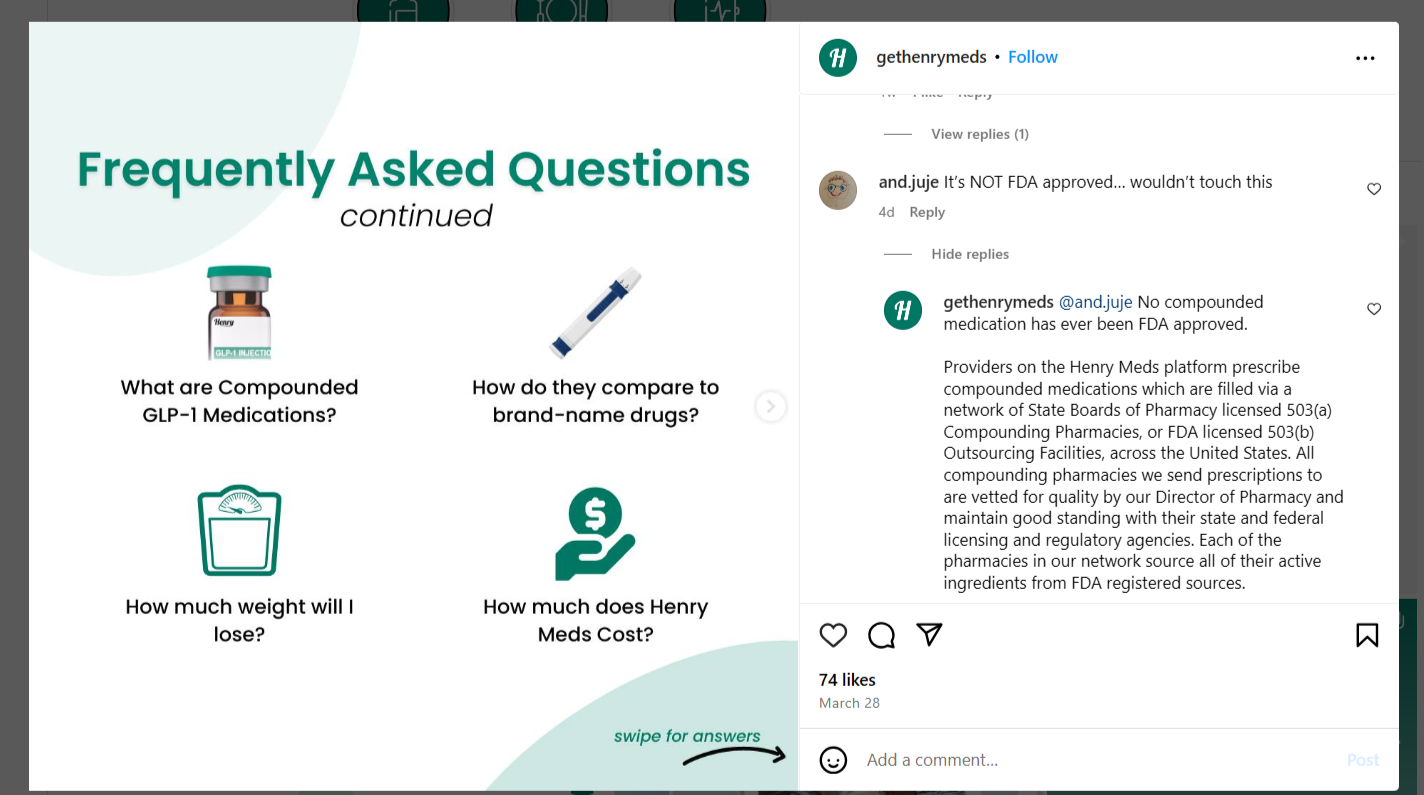 Henry Meds FAQ on Instagram