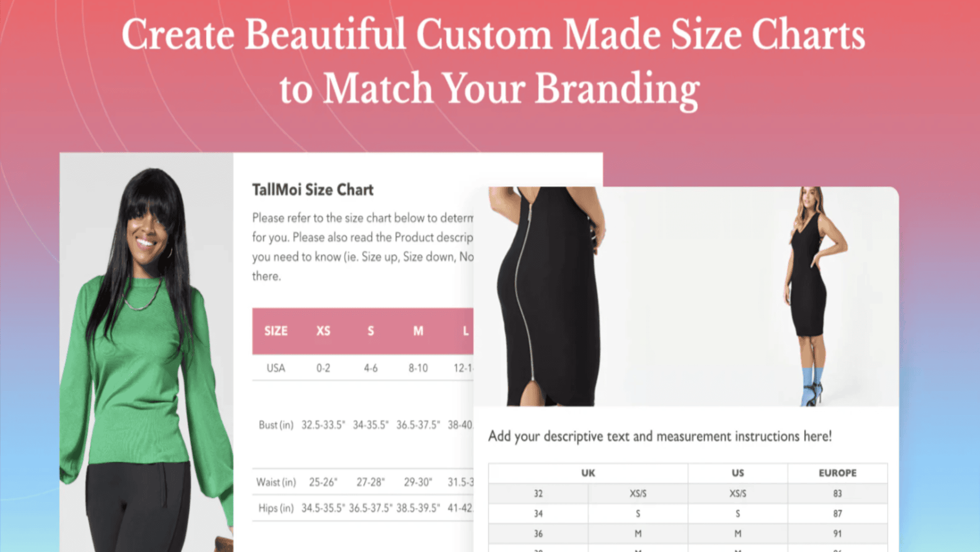 Shopify size chart via Shopify app store