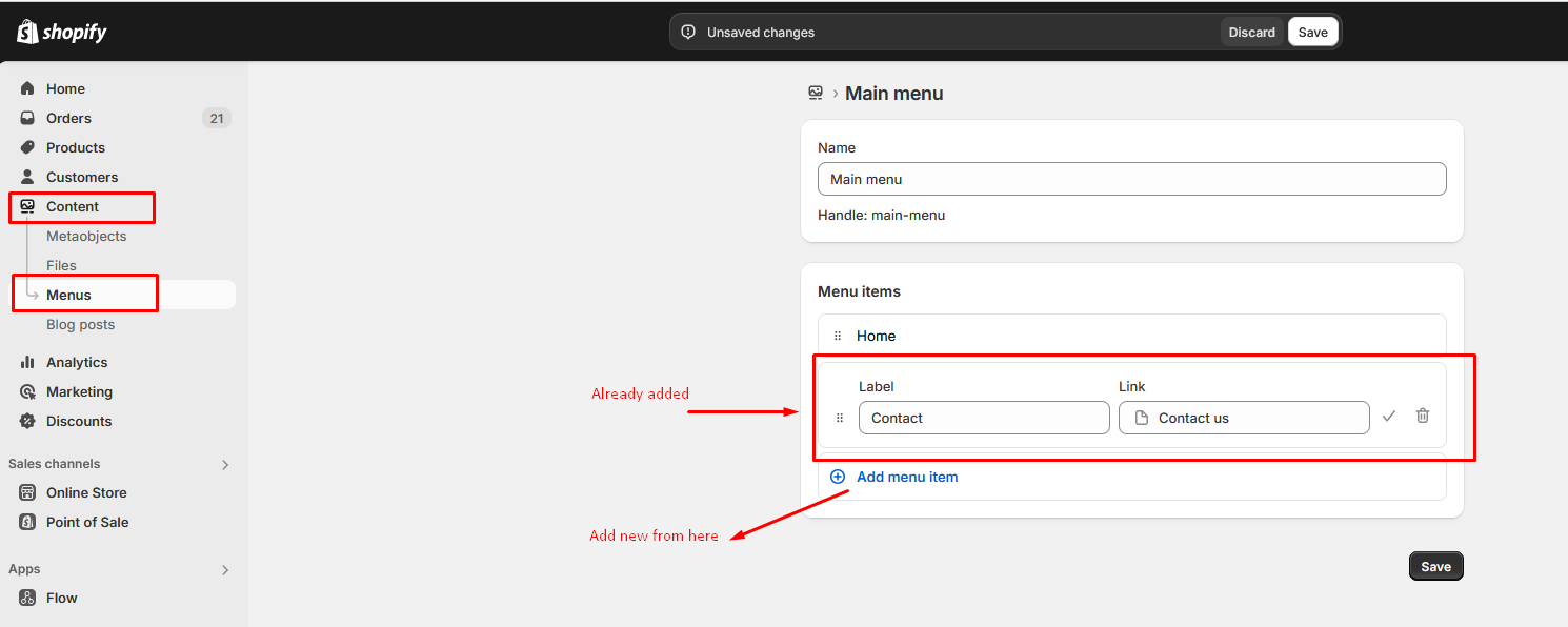 Add pages in the menu in Shopify