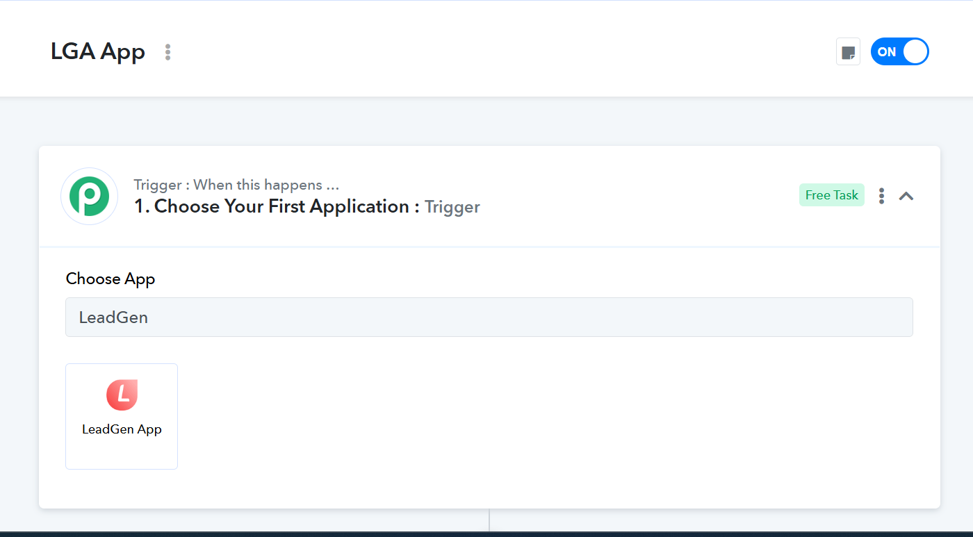 In the trigger step, select LeadGen App as the application