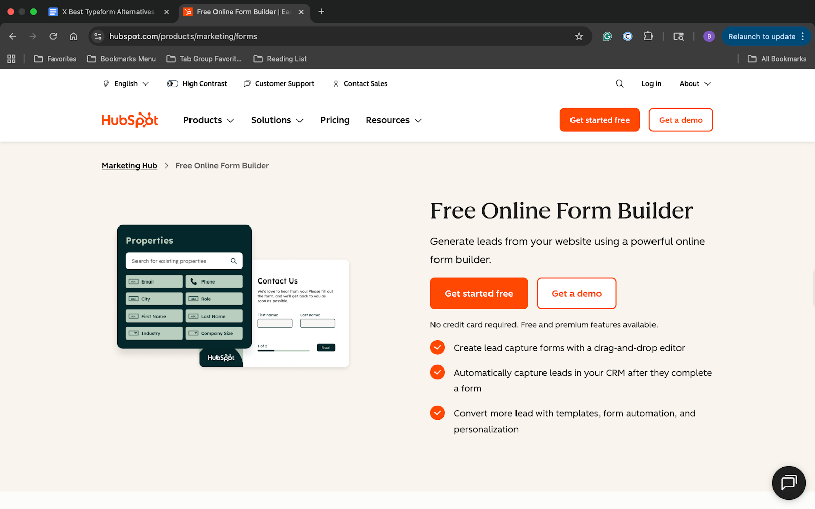 HubSpot Forms landing page
