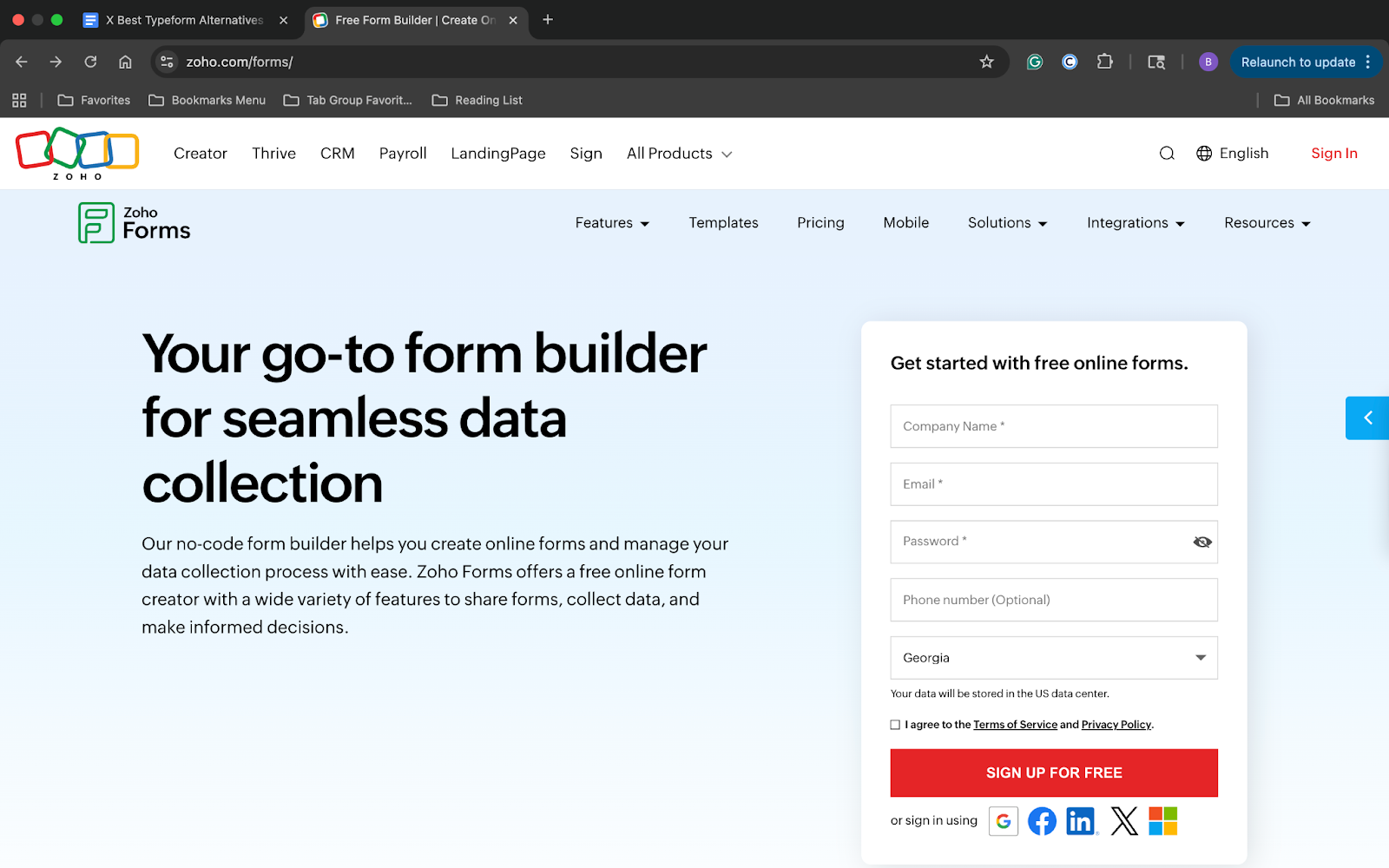Zoho Forms landing page