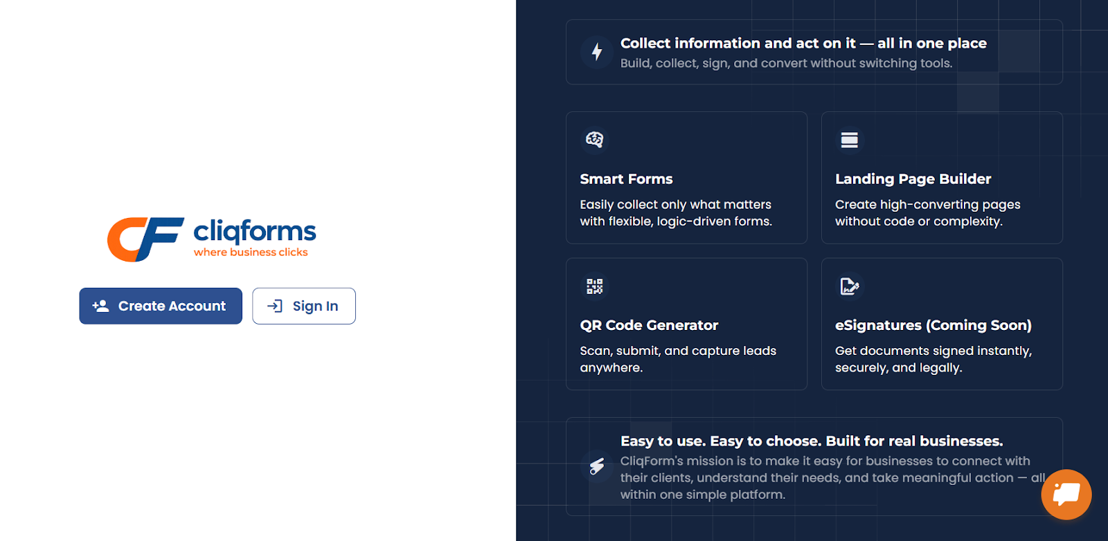 CliqForms Sign Up Page